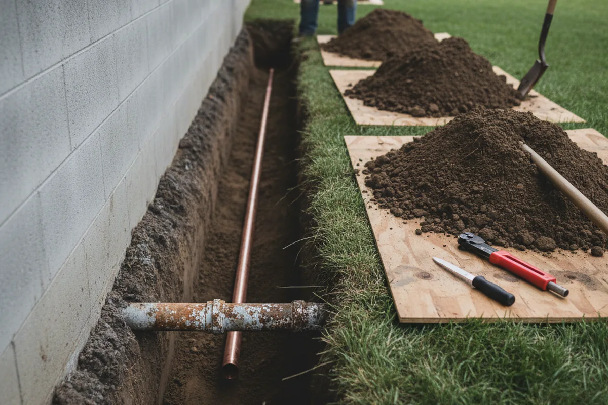 Excavated water line trench during Water Softener Installation in Sprakers